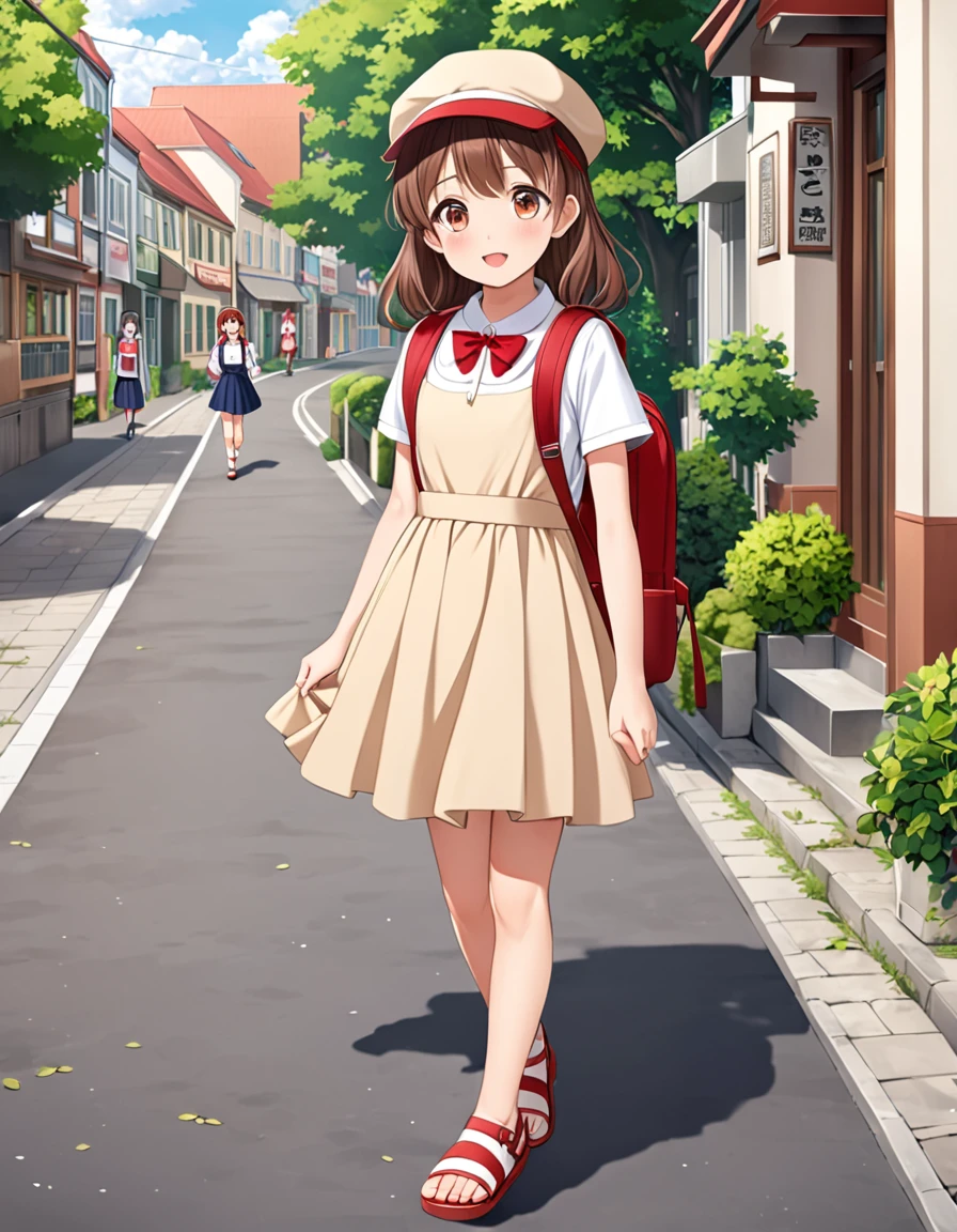 Masterpiece, hd, anime girl in pinafore dress and hat with backpack walking down a street, bowtie, brown hair, headcap , wearing red backpack, school backpack, in dress, cute anime waifu in a nice dress, anime visual of a cute girl, young anime girl, beautiful anime school girl, a school girl , anime full body illustration, an anime girl, wearing sandals, cute girl, 10 y o