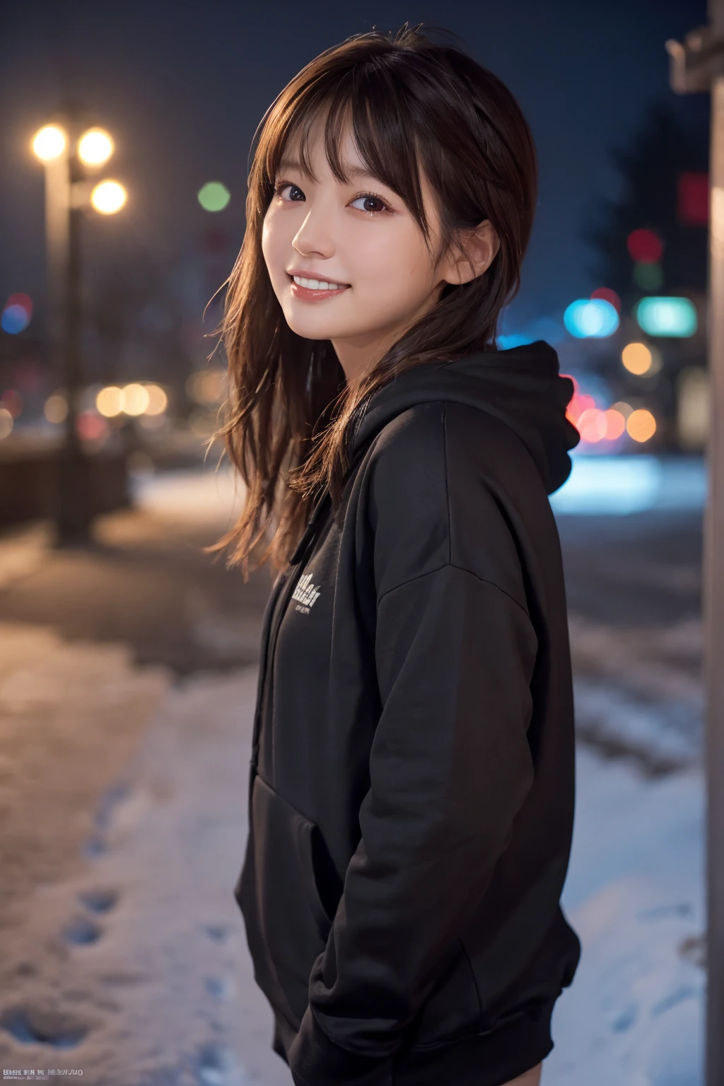 1 girl, (Wear a black hoodie:1.2), (RAW Photos, highest qualthaty), (Realistic, Realistic:1.4), Tabletop, Very delicate and beautiful, Very detailed, 2k wallpaper, wonderful, finely, Very detailed CG Unthaty 8K 壁紙, Very detailed, High resolution, Soft Light, Beautiful detailed, Very detailed目と顔, Beautiful and sophisticated nose, finelyて美しい目, Cinema Lighting, Illuminations that light up the cthaty on a snowy night, Snow Scene, that'that'that'that'it's snowing, Snow fell in my hair, Perfect Anatomy, Slender body, Was nervous,
Straight semi-long hair, bangs, Looking at the audience, smile、Fluffy scarf
