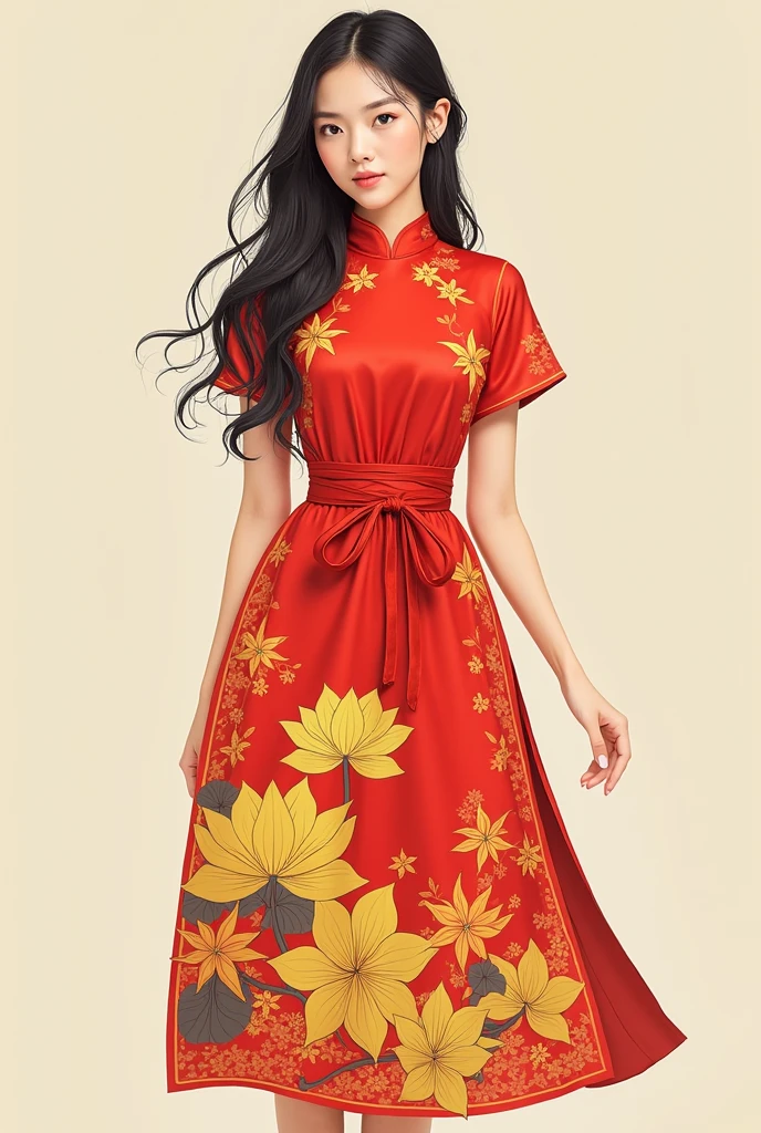 Design a dress for young women aged 20-25, energetic and youthful style. The dress should combine modern elements with Vietnamese traditional culture, use breathable materials, comfortable like silk or cotton. Bright colors, the main color scheme is red and yellow, with folk motifs like lotus flowers, bronze drums or stylized brocade patterns. A comfortable dress silhouette, A-line or slightly flared, dress length above the knee. Accent at the waist to accentuate the figure, and can add details like bows or decorative borders to create uniqueness.