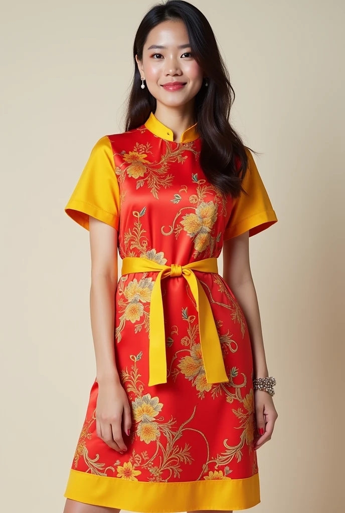 Design a dress for young women aged 20-25, energetic and youthful style. The dress should combine modern elements with Vietnamese traditional culture, use breathable materials, comfortable like silk or cotton. Bright colors, the main color scheme is red and yellow, with folk motifs like lotus flowers, bronze drums or stylized brocade patterns. A comfortable dress silhouette, A-line or slightly flared, dress length above the knee. Accent at the waist to accentuate the figure, and can add details like bows or decorative borders to create uniqueness.