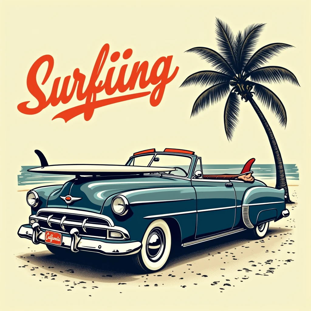 Vintage-style illustration featuring a classic convertible car with a surfboard sticking out from the back. The car is depicted in a retro, hand-drawn style with dark blue and white colors. The word 'Surfing' is prominently displayed above the car in a bold, cursive script with an orange color, giving it a vibrant and energetic feel. The background includes a palm tree on the right side, adding to the beach and surfing theme. The car has a 'California' license plate, emphasizing the coastal vibe. The overall layout is dynamic and nostalgic, capturing the essence of a carefree, beach lifestyle.