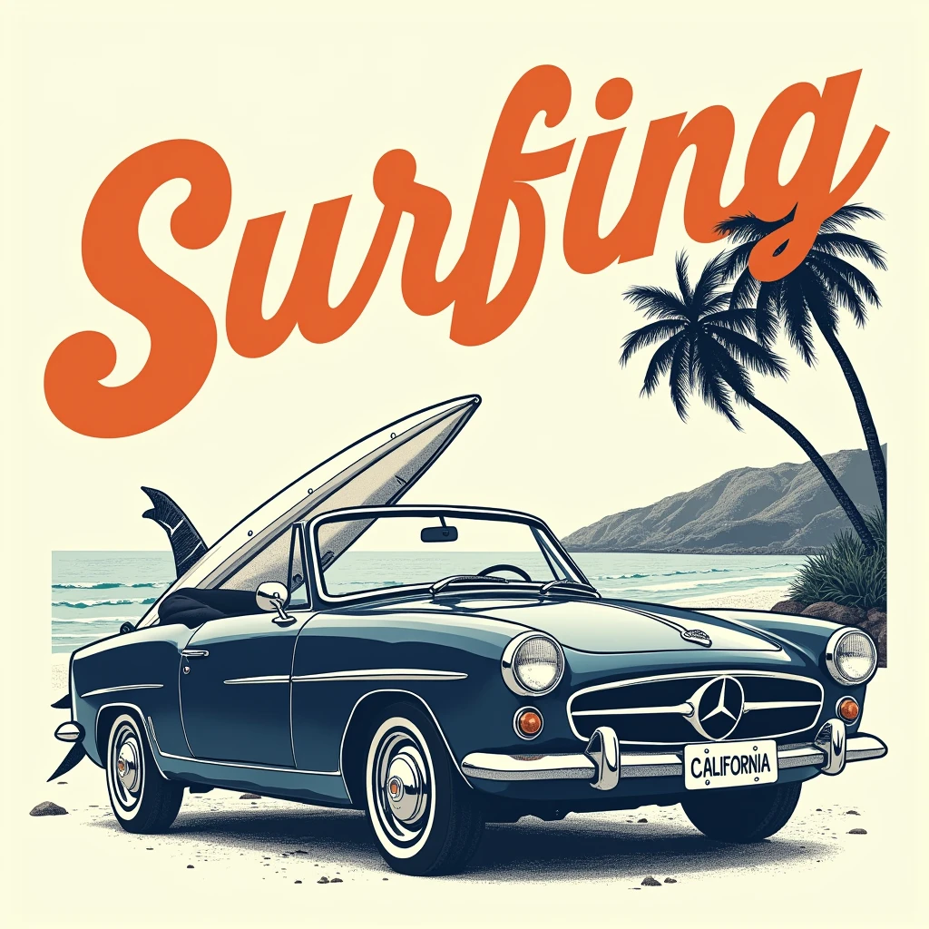 Vintage-style illustration featuring a classic convertible car with a surfboard sticking out from the back. The car is depicted in a retro, hand-drawn style with dark blue and white colors. The word 'Surfing' is prominently displayed above the car in a bold, cursive script with an orange color, giving it a vibrant and energetic feel. The background includes a palm tree on the right side, adding to the beach and surfing theme. The car has a 'California' license plate, emphasizing the coastal vibe. The overall layout is dynamic and nostalgic, capturing the essence of a carefree, beach lifestyle.