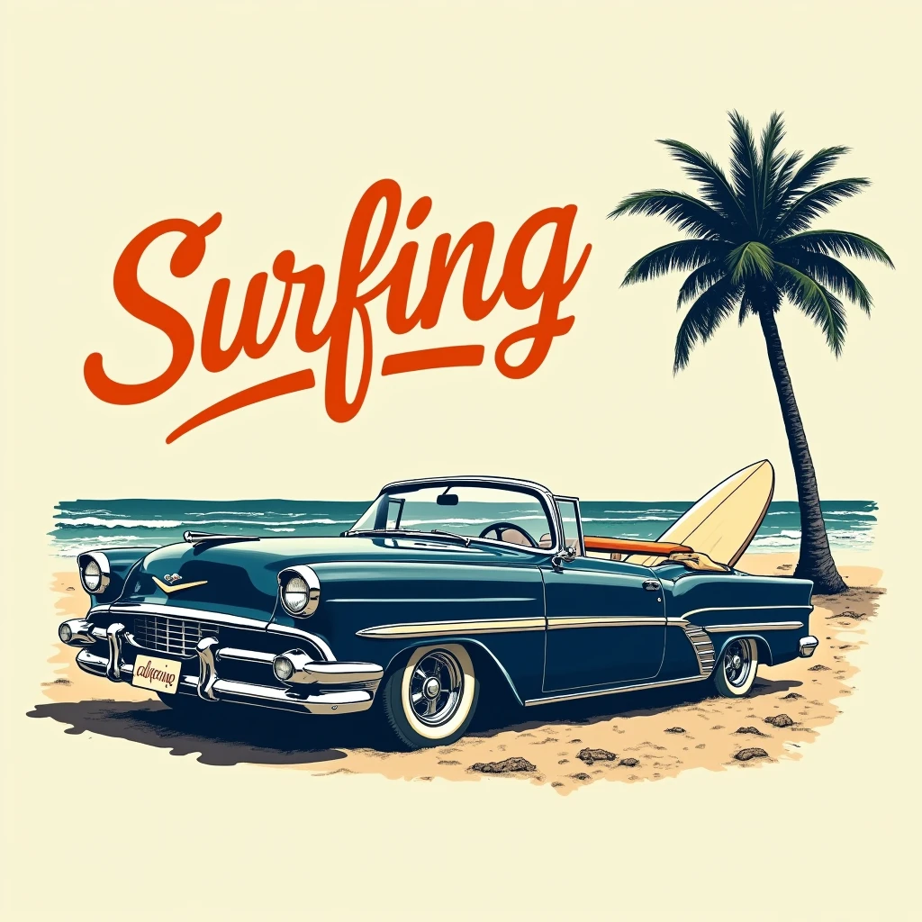 Vintage-style illustration featuring a classic convertible car with a surfboard sticking out from the back. The car is depicted in a retro, hand-drawn style with dark blue and white colors. The word 'Surfing' is prominently displayed above the car in a bold, cursive script with an orange color, giving it a vibrant and energetic feel. The background includes a palm tree on the right side, adding to the beach and surfing theme. The car has a 'California' license plate, emphasizing the coastal vibe. The overall layout is dynamic and nostalgic, capturing the essence of a carefree, beach lifestyle.
