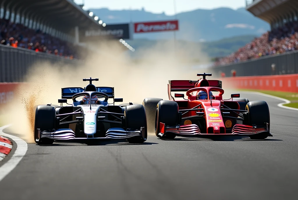 Photographing the moment when two racing cars compete in a corner at an F1 Grand Prix, expressing the particles stirred up by the cars as they move, and adding effects that express a sense of speed and power.