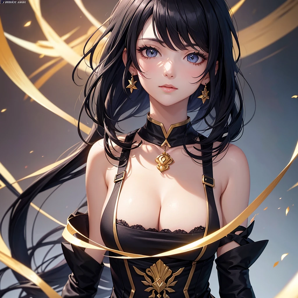 A woman with black hair wearing a golden dress, Portrait of a girl in the Knights of the Zodiac, Ayaka Genshin Impact, Close-up of a woman with black hair wearing a golden dress, portrait knight woman, Ayaka Games Genshin Impact, Amazing character art, Portrait of a female anime hero, Detailed Anime Character Art, Smooth anime CG art,A composition that shows the whole body,(Full Body)