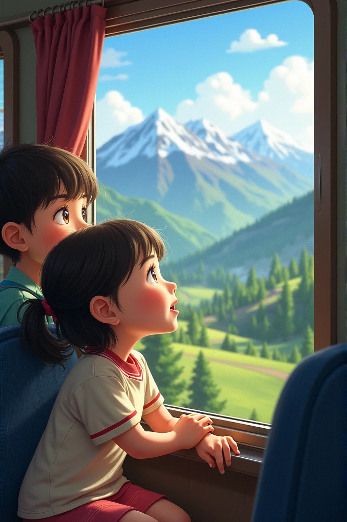 A girl nd boy in train looking outside the train to a beautiful scenery 