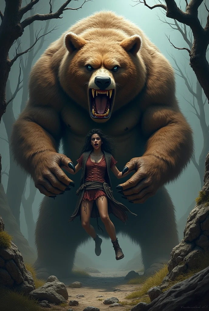 human in mouth Furry bear, giant, muscle

