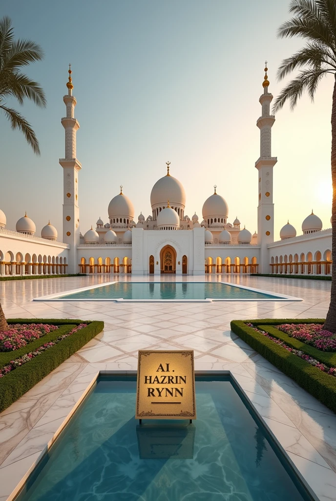 aerial view, Sheikh Zayed Grand Mosque, majestic architecture, intricate details, golden domes, tall minarets, symmetrical design, marble floors, beautiful courtyard, ornate chandeliers, tranquil atmosphere, serene reflection pool, grand entrance, luxurious carpets, peaceful prayers, traditional calligraphy, Islamic art, cultural heritage, stunning photography, vibrant colors, artistic lighting, spiritual ambience, towering pillars, arched doorways, prayer halls, intricate mosaics, intricate carvings, intricate patterns, beautiful symmetry, peaceful worship, iconic landmark, timeless elegance, divine inspiration, architectural masterpiece, religious sanctuary, enchanting beauty, tranquil gardens, cultural icon, spiritual journey, grandeur and opulence, rich history. (best quality, 4k, highres:1.2), ultra-detailed, realistic, vivid colors, professional lighting. The mini board saying "AI HAZRIN RYNN"
