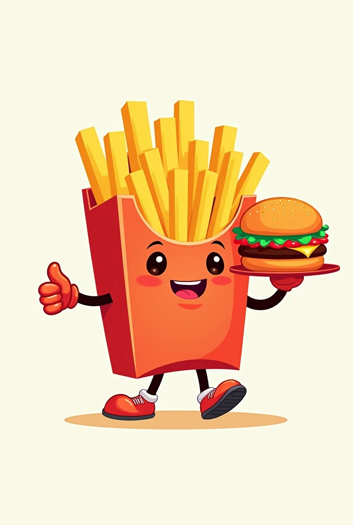 Give me a logo of a french fry character from a fast food truck carrying french fries and a hamburger around him
