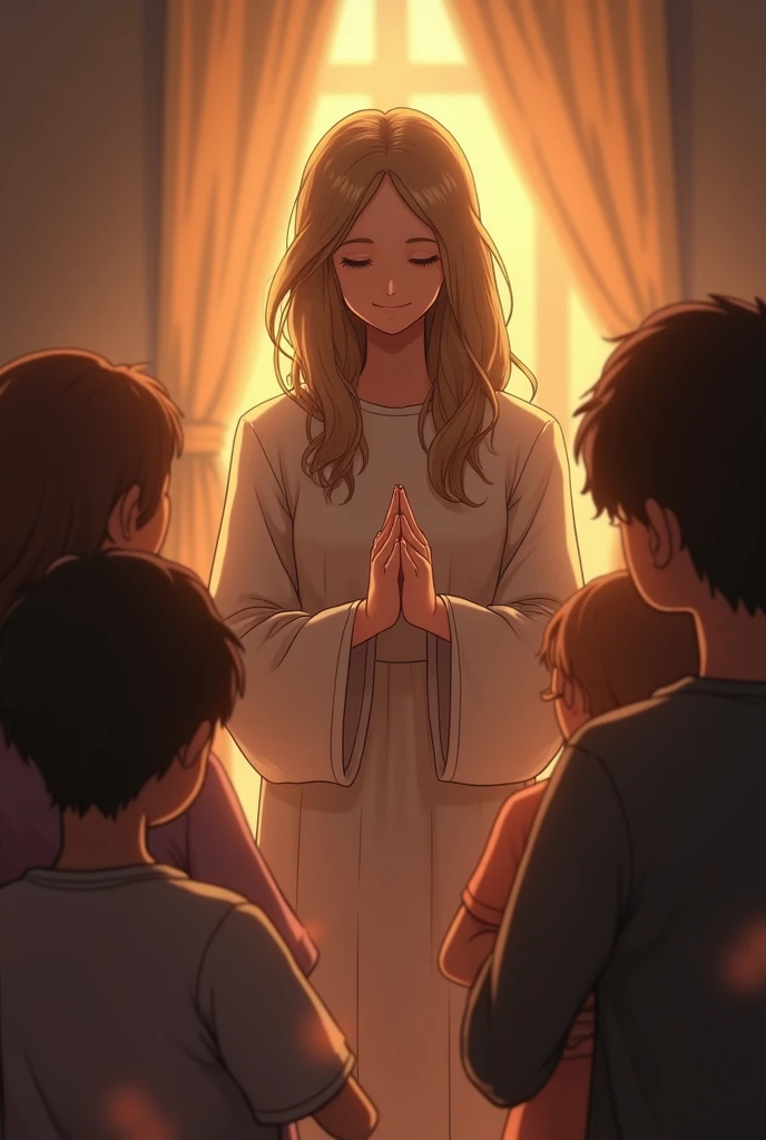 Gratitude: A scene of a person with their hands clasped in appreciation, surrounded by loved ones, with warm light filling the space, symbolizing thankfulness.