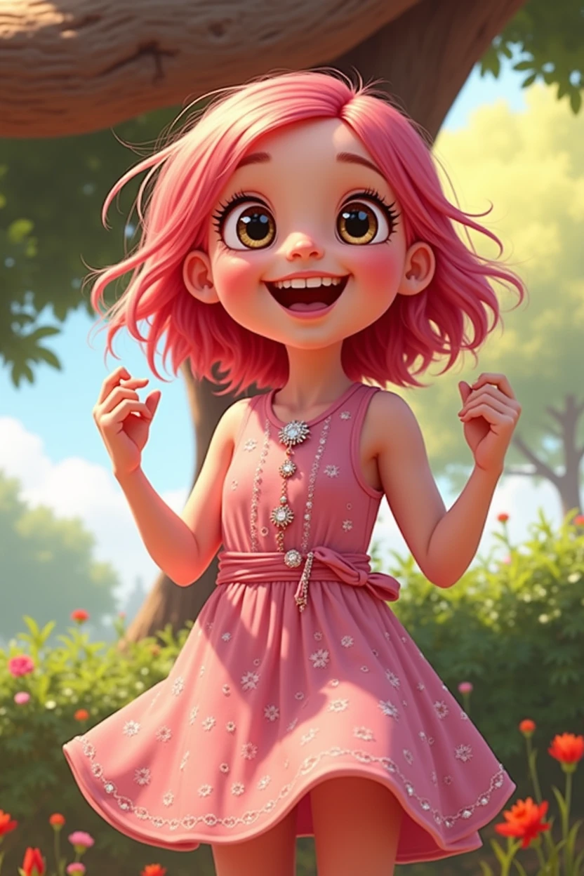 Process Wearing a pink dress and pink hair. Pip is back in her garden, wearing her dress with the sparkly button, playing with Bun Bun. She smiles, happy and content.