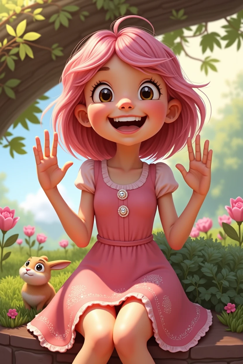 Process Wearing a pink dress and pink hair. Pip is back in her garden, wearing her dress with the sparkly button, playing with Bun Bun. She smiles, happy and content.