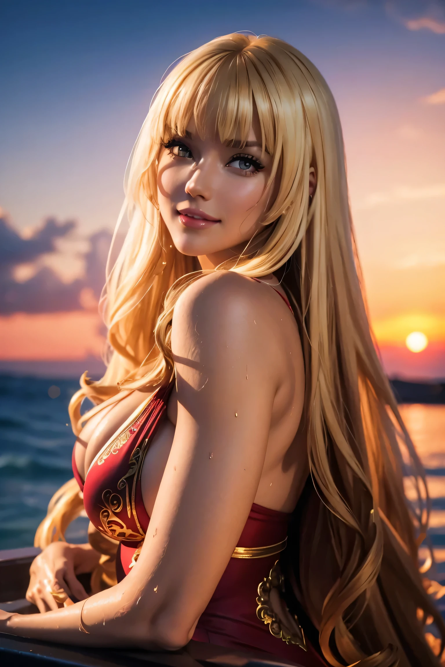 I want to be a powerful figure behind the scenes!,rose oriana,blonde,long hair,Curly Hair,Beautifully arranged bangs,Hide eyebrows with bangs,Beautiful golden eyes,Beautiful white skin,Photorealistic,Ultra HD,high quality,masterpiece,Digital SLR,Detailed details,Intricate details,Anatomical basis,Depicted in detail,A detailed face,Realistic skin texture,Vivid details,Perfect Anatomy,Perfect Anatomy,Anatomically correct hand,Anatomically correct fingers,Super Detail,Complex 3D rendering,Sexy pose,Red swimsuit,Wet,Beautiful sunset,Beach with beautiful sunset,Fantasy worldview,Picturesque,Pink Lips,smile,