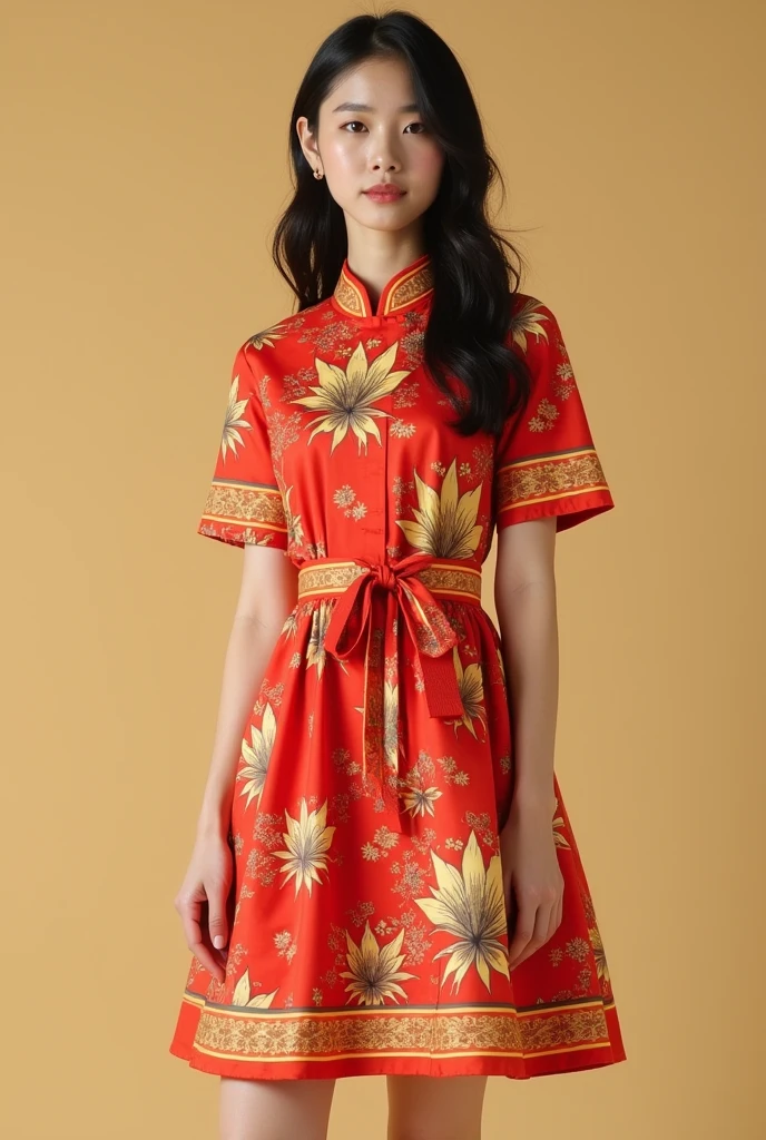 Create an image of a beautiful dress designed for young women aged 20-25, embodying a dynamic and youthful style with elements of Vietnamese culture. The dress should combine modern fashion with traditional Vietnamese motifs. Use breathable and comfortable materials like silk or cotton. The color palette should feature bright tones, primarily red and yellow, and incorporate traditional patterns such as lotus flowers, bronze drums, or stylized brocade designs. The dress should have a comfortable fit, either in an A-line or lightly flared shape, with a length above the knee. Emphasize the waist to enhance the silhouette, and consider adding unique details like a bow or decorative trim