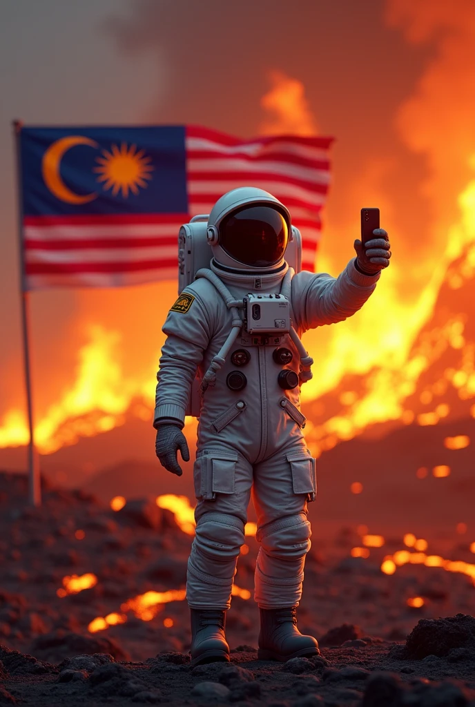 a Malaysia flag on the lava , burning place very hot extremely hot. ,Malaysia astronaut taking a selfie,man height body average 65 year old detailed space suit,detailed Malaysia flag,detailed lunar landscape,dramatic lighting,cinematic angle,hyperrealistic,photorealistic,8k,unreal engine,stunning,vibrant colors,dramatic shadows,volumetric lighting,intricate details