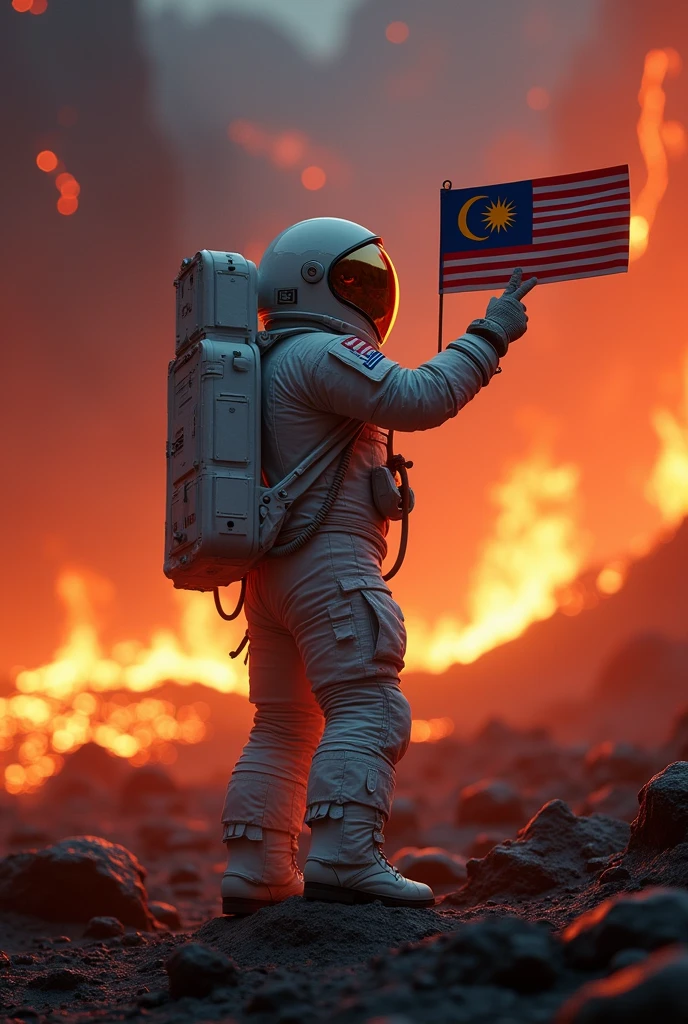 a Malaysia flag on the lava , burning place very hot extremely hot. ,Malaysia astronaut taking a selfie,man height body average 65 year old detailed space suit,detailed Malaysia flag,detailed lunar landscape,dramatic lighting,cinematic angle,hyperrealistic,photorealistic,8k,unreal engine,stunning,vibrant colors,dramatic shadows,volumetric lighting,intricate details