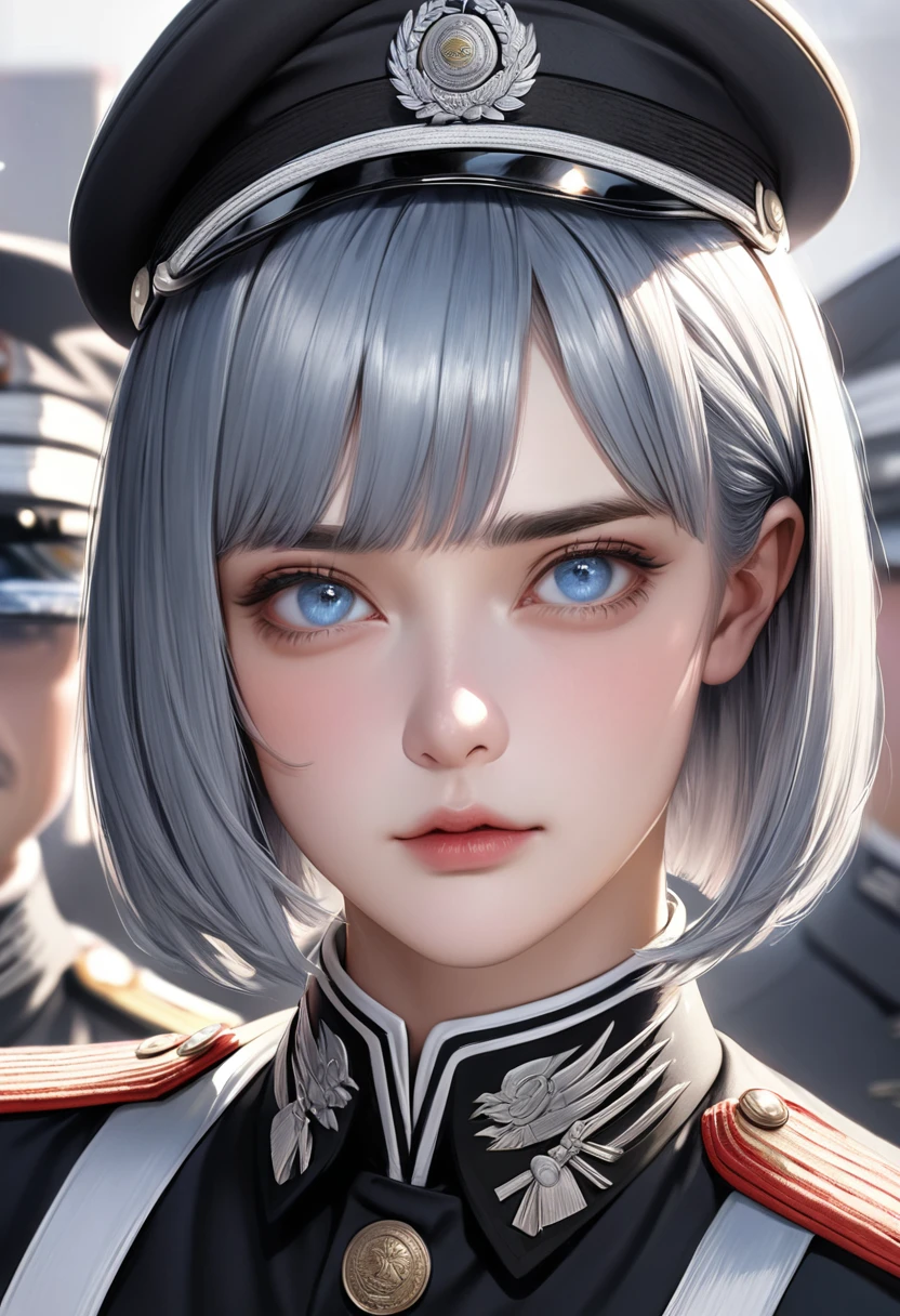 1 male Silver trimmed blunt bob cut Hair and eyebrows the same color as the hair Bangs cut straight above the eyebrows Light blue eyes Black and white uniform Military parade square Realistic