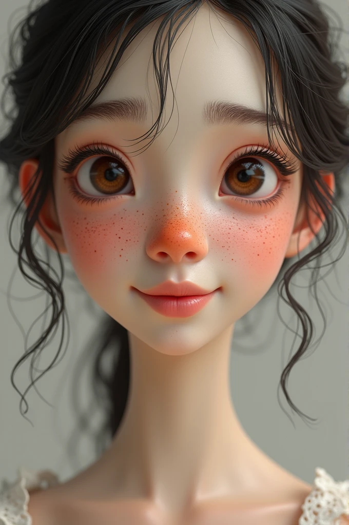 You can generate a realistic person with the following characteristics:

Slightly pink fair skin, oval face with a very beautiful nose and freckles at the level of the nose, small brown eyes, small mouth and lips, smiling, height slightly above average, defined bony complexion