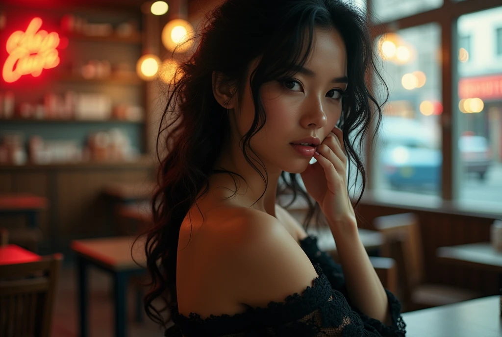 (Photorealism:1.2), high quality, 8K Ultra HD, A cinematic masterpiece unfolds: double exposure,photography,full view, Hyperdetailed, Hyperrealistic, Realism, RAW photo of a beautiful woman,messy wavy dark hair, dark colored makeup, as a Model,posing, detailed filigree, wearing an embroided off-shoulder lace dress, at morning, blue eyes, drinking a coffee, city cafe in the background, at morning,sunrise, hard shadows, filigree particles, wallpaper art, cosmic energy, high detailed, dodging obstacles with fluid grace. , Artificial intelligence, crystal Elements with sunlight, cute expressions, soft smile,colors, perfect lighting, shadows, 32k, high definition, cinematic, stylized digital art, smooth, ultra high definition,unreal engine 5, ultra sharp focus, intricate artwork masterpiece, ominous, epic, 32k details, ultra details, dynamic lighting, cinematic, photo-realistic, 50mm lens, f/2.8, natural lighting, HDR, realism, mysterious, 64 megapixels, depth of field, hyperrealism, photorealistic, 32k ultra fine detail, Epic, Enhance, Beautify, Epicrealism, Realistic, full scene view,Neon Lights say:"Good Morning Pixja" ,The camera captures the scene in ultra-high definition (32k), with dynamic lighting casting dramatic shadows. A 50mm lens at f/2.8 creates an optimal depth of field, rendering the scene in exquisite realism, rivaling Greg Rutkowski's style.