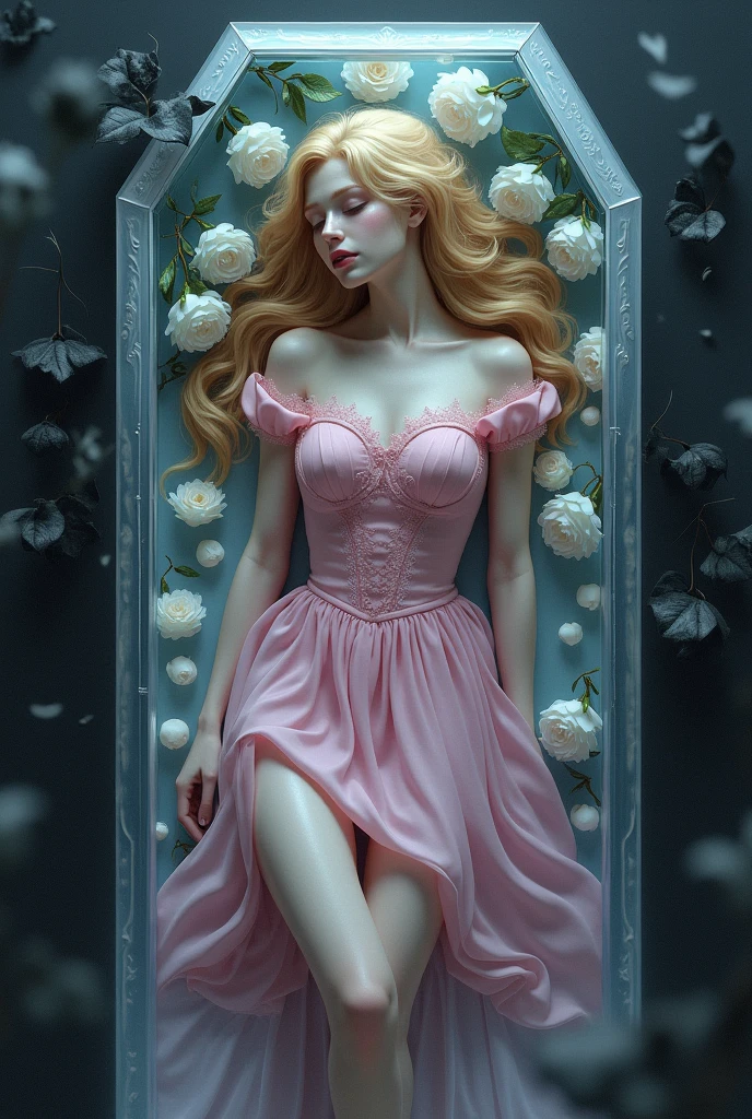 Sleeping Beauty Princess Aurora，Long curly blond hair，Pink skirt，The skirt is torn，Yandere，Lying in a crystal coffin，White flowers and black leaves beside it，Pale face