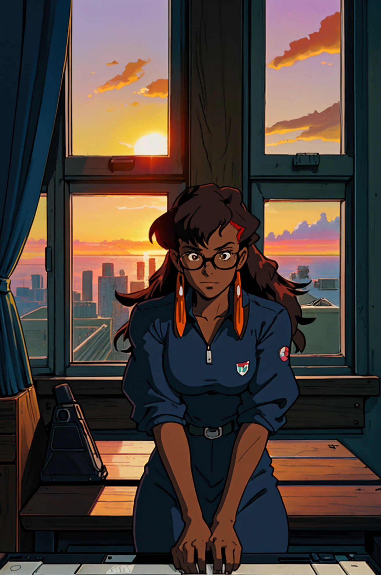 cowboy bebop, black female character, dark skinned, black girl, 20, long hair, brown eyes, blue light, wearing Ralph lauren, typing at a computer, red glasses, programmer, gamer, panoramic window view of miami, sunset, luxury decor