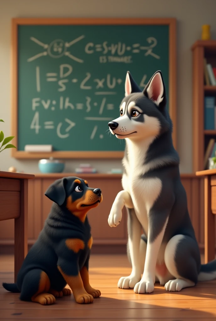 Create an image where a rottweiler puppy is learning in a classroom with a blackboard from an adult Siberian dog