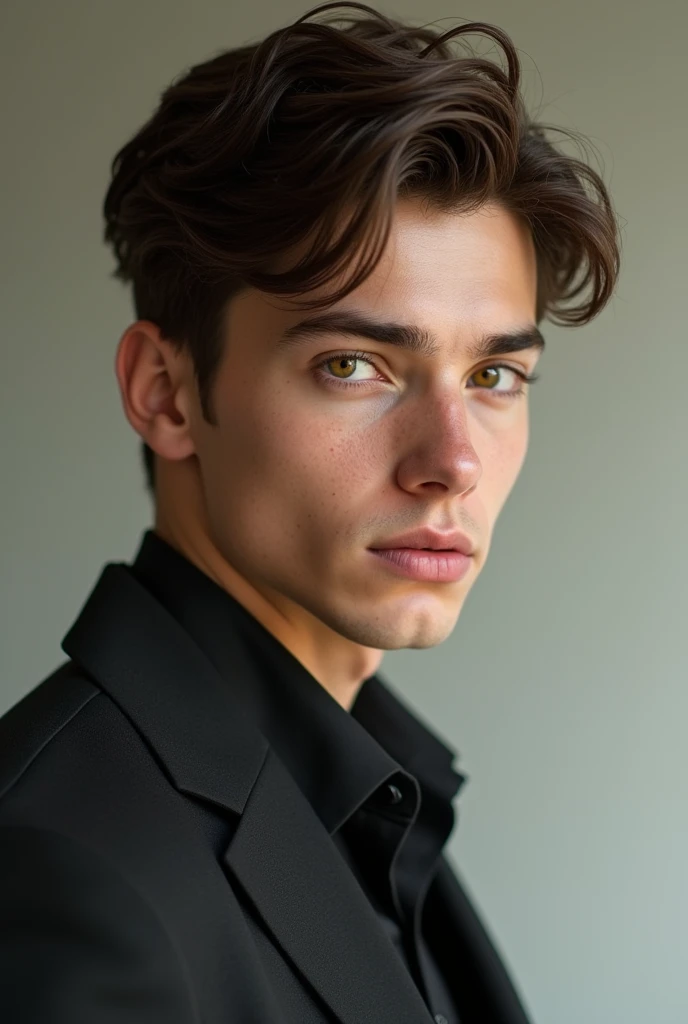 Man in twenties, brown hair, gold eyes