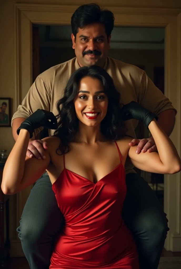 Create a realistic photograph of a smiling and beautiful indian actress in red satin carrying a large stout man on her shoulders in a room, man is sitting on top of her shoulders , man on top, woman standing at bottom , she is wearing black gloves 