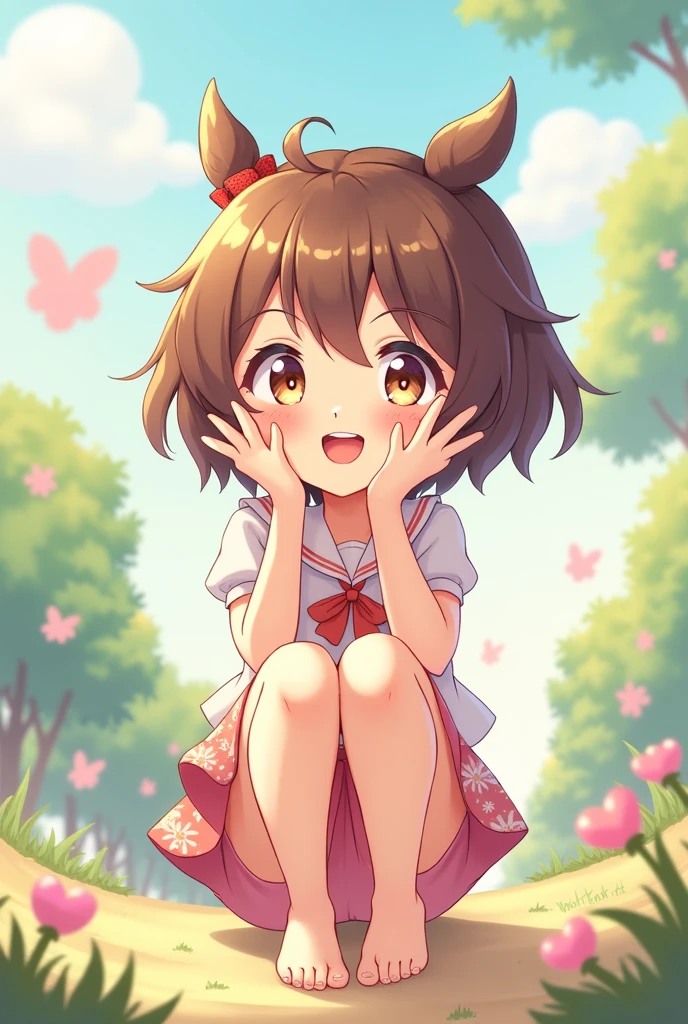Cute anime girl with beautiful feet showing the soles while laughing mischievously