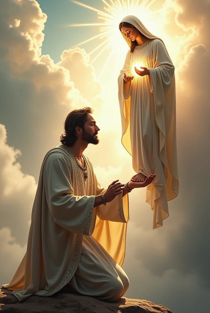 (photorealism:1.2), handsome and hunk Jesus Christ, kneel and kissing the foot of virgin Mary floating from the heaven that sorrounded of many clouds, wearing and cover his body of the elegant gray gown of the king sorrounded of many diamonds with light in his head and heart spreading all over, the eyes is close while praying, complete five finger, real feet, real beautiful hair, real image, heaven outdoors, bright lighting, clouds in background, beautiful light, real heaven and clouds, relaxed pose, realistic, intricate details, bright colors,