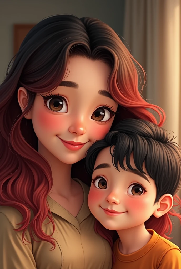 mother e hijo juntos.
mother, Red hair dyed with black roots, Long, wavy hair, Smiling shows dimples on both cheeks., thick, pink lips, Round, dark brown eyes, Long, curly black eyelashes, bushy eyebrows, WITH OVERWEIGHT.
son, , Thin, dark brown, wavy and voluminous hair, Traditional haircut. Smile without dimples, features similar to mom.