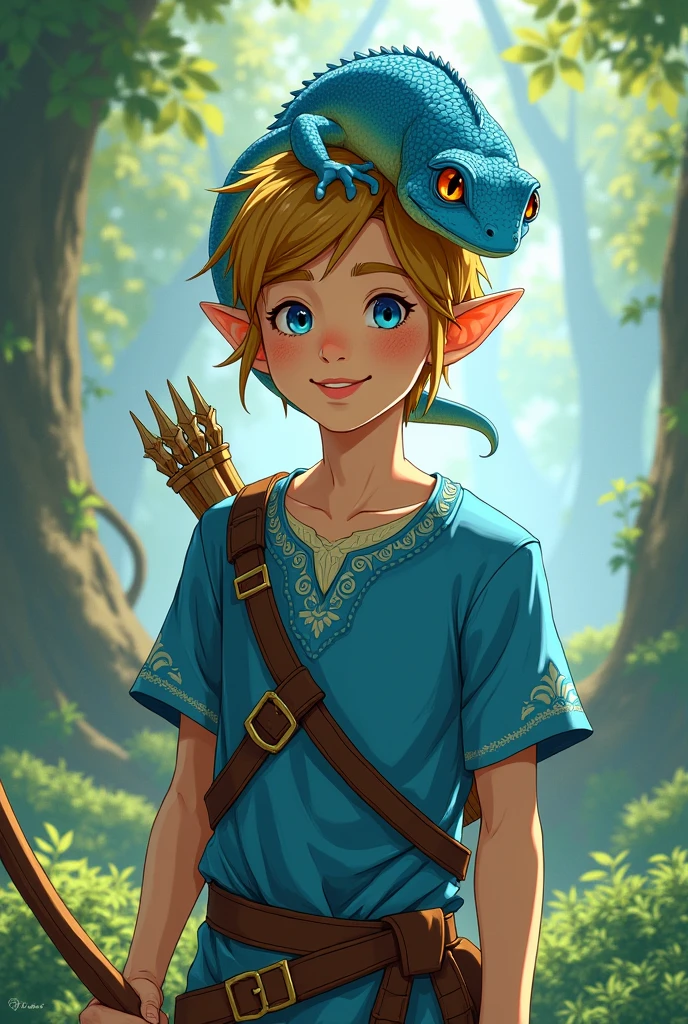 Legend of Zelda panel
17 year old man
Asian ethnicity
Freckles all over his body
Blue eyes
White skin
He is smiling
A blue gecko rests on his head
He holds a bow in his hands
Elf ears