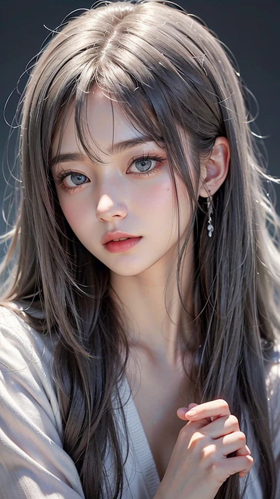 One person、high school girl、Mature face、slender、Gray Hair、Pure white beautiful skin、Medium Long Hair