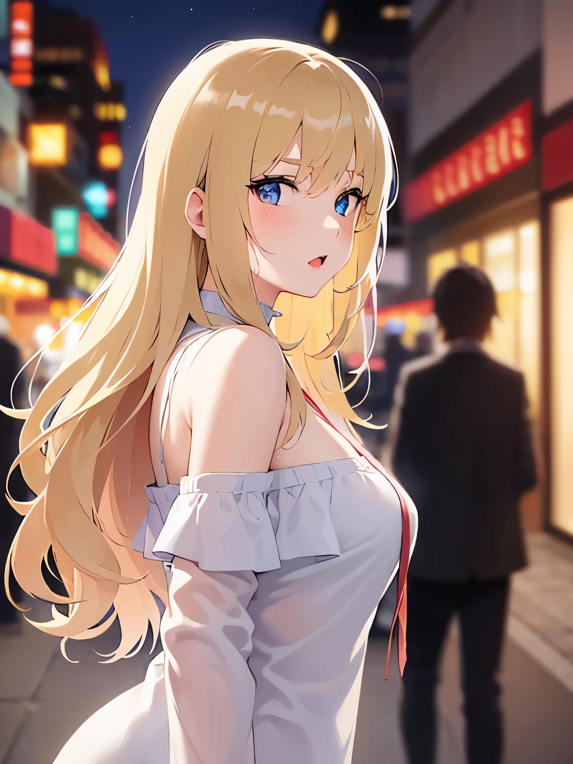 side angle, Upper Body, Realistic, real person, (pale skin: 1.2), RAW photo, photorealistic, shiny skin, shiny hair、(A 25-year-old woman with medium-length hair and bangs) and (wavy hair) and (Blonde Hair) and (green eyes) , (white) and (off shoulder blouse) 、angry, open mouth, (blush:1.3), The background is a shopping street at night、Alone、Are standing