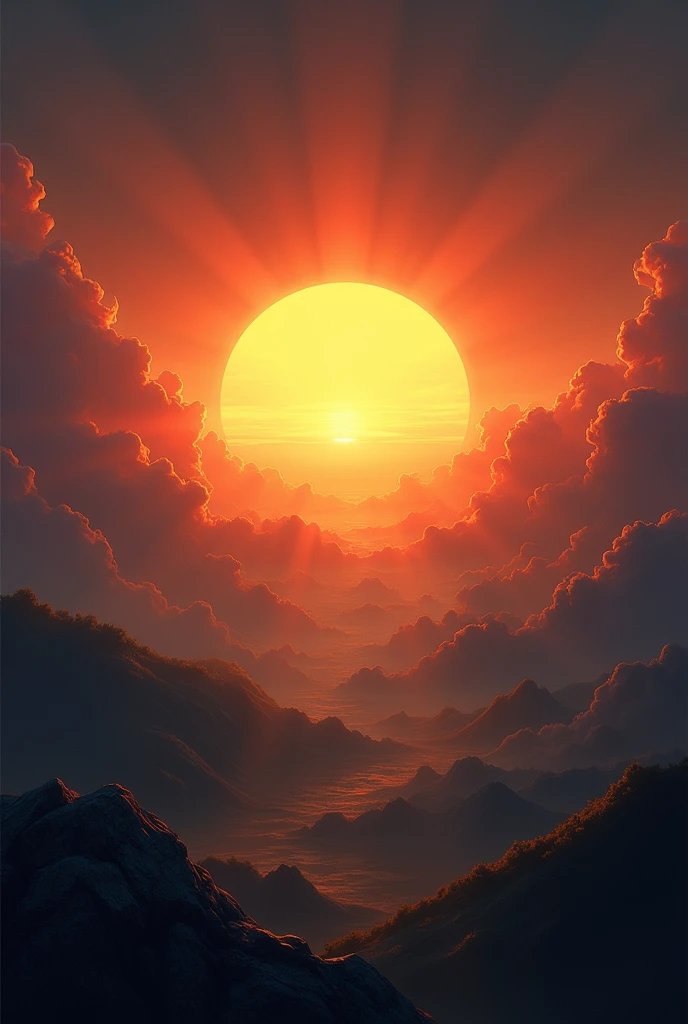 Optimism: A bright sunrise breaking over a dark horizon, flooding the scene with light, symbolizing hope and the belief in a positive future.