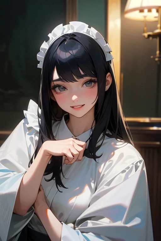 (Highest Resolution, clear_image) Highest quality, single, One woman, alone, masterpiece, Very detailed, Semi-realistic, Black Hairのショートヘア, Black Hair, bangs, 18-year-old, mature, Light blue , Indoor Background, kind, Authoritative, Powerful, exquisite features, exquisite features、Eyelashes become longer、Showing teeth、smile😀、Maid clothes、woman&#39;Fingers in the、Sleeping on the sofa、Long Hair、Fluttering in the wind、((Change of clothes)).
