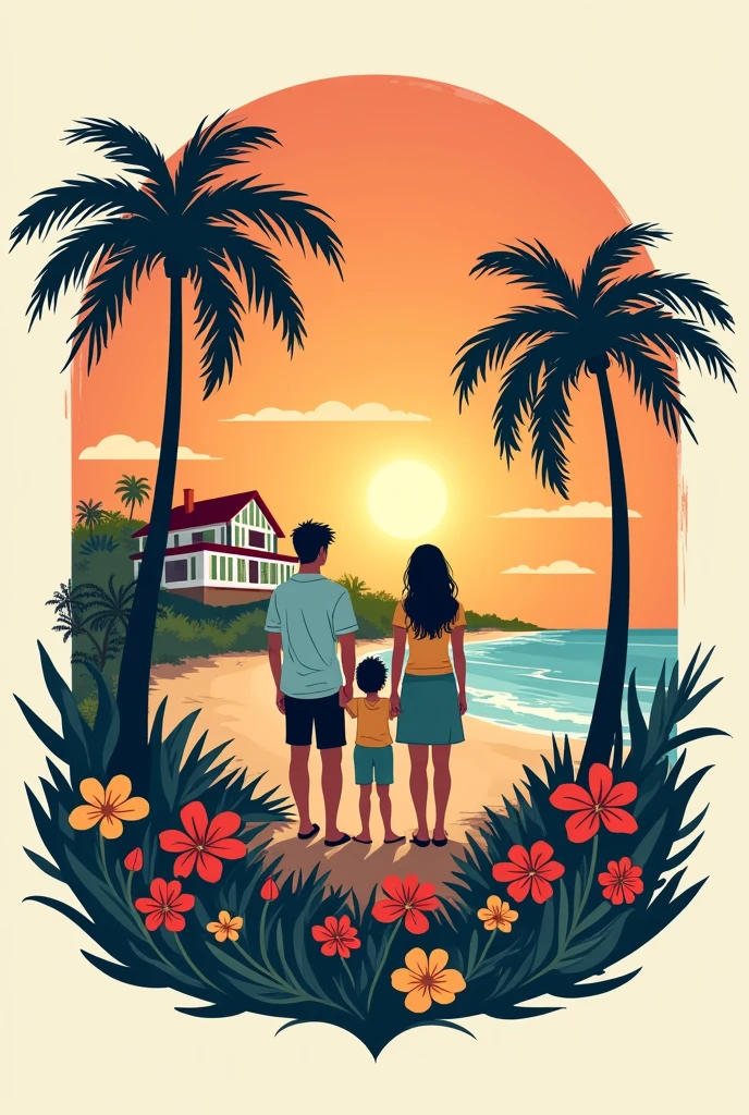 A family crest that includes elements like a beach house with palm trees and flowers and my family looking at the sunset drawn with a sunset landscape symbolizing the family SIMPLE DRAWINGS TO DRAW