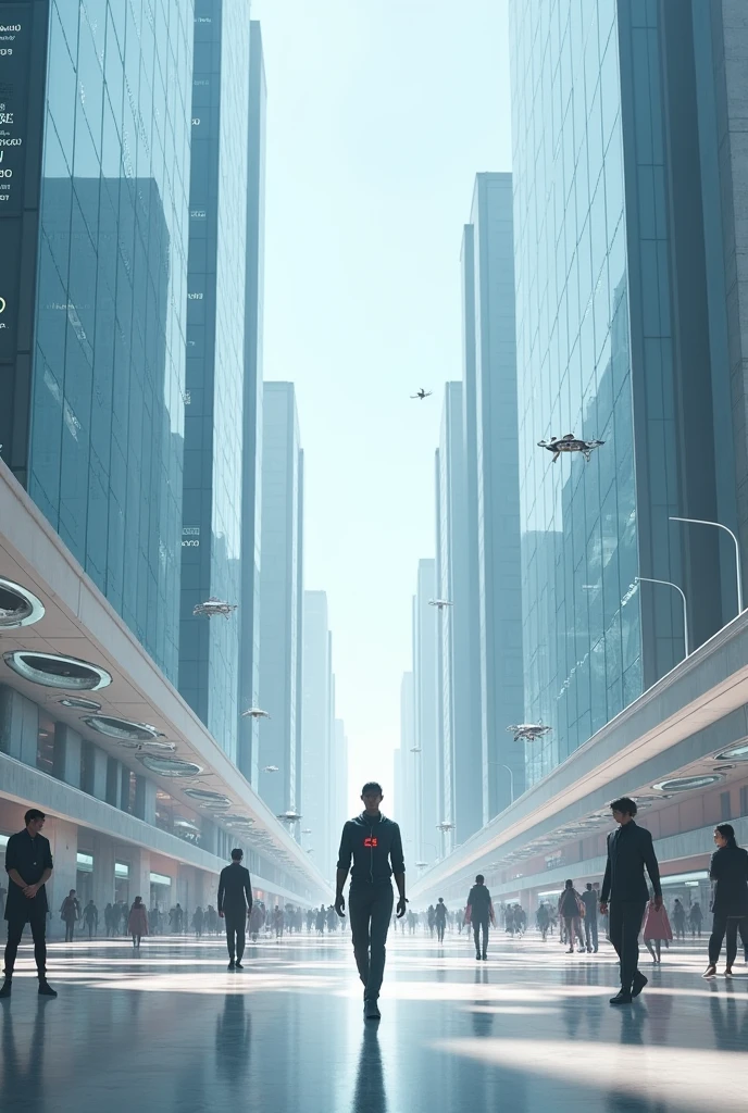 imagine a futuristic urban landscape, with tall glass skyscrapers reflecting a clear, cloudless sky. Streets are clean, organized and almost traffic-free, except for a few silent autonomous vehicles. Advanced technology is integrated into every corner: holographic screens display news and advertising about "Peace and Security" everywhere, with repetitive messages that assure that everything is under control.
Spotlight, a person walks with confidence, with a calm and carefree expression. Wear modern and minimalist clothing, with a portable device on their wrist that monitors their health and daily activities. They are immersed in their daily routine, free from any danger, with headphones playing music or news. Around it, other people also seem relaxed, everyone immersed in their own worlds, connected to their devices.
However, despite the appearance of calm and order, there is a subtle air of artificiality, as if everything were too perfect. Smiles seem a little forced, and deep down, there is an almost imperceptible presence of constant surveillance, with drones discreetly floating and cameras on every corner, ensuring that the "peace and security" Maintain.