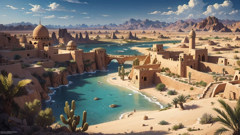 (masterpiece)),((Highest quality)),((High Detail)),nobody,background, fantasy,A city in the desert, oasis, Top view
