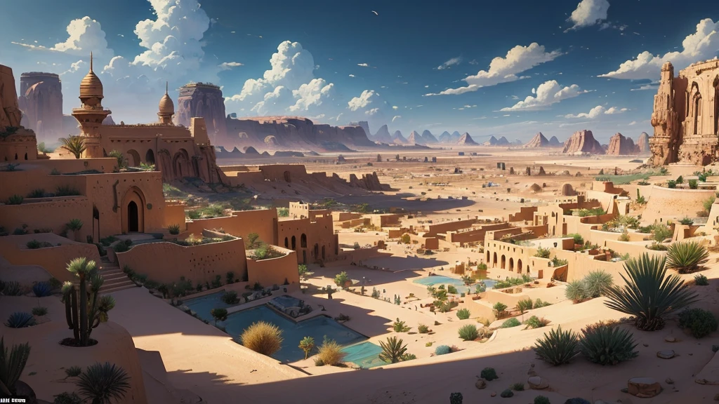 (masterpiece)),((Highest quality)),((High Detail)),nobody,background, fantasy,A city in the desert, oasis, Top view