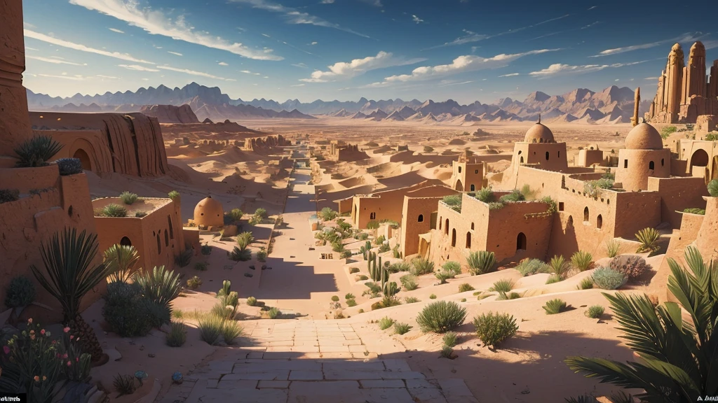 (masterpiece)),((Highest quality)),((High Detail)),nobody,background, fantasy,A city in the desert, oasis, Top view