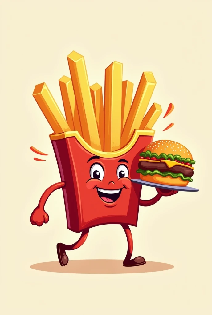 Give me a logo of a french fry character from a fast food truck carrying french fries and a hamburger around him