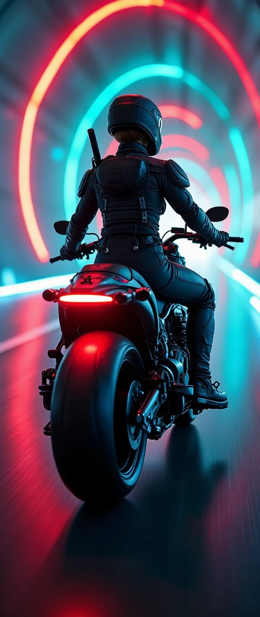 (masterpiece:1.2,Highest quality,Ultra-high resolution,Very detailed,Realistic,DSLR Canon style),8k,wallpaper,(Ray Tracing),(Future City:2.0),sf,cyber punk,(A woman driving a futuristic, heavily armed mech motorcycle of a SWAT team.:1.9),(A woman wearing a SWAT team's tactical mech bodysuit:2.0),(Dynamic angle from the rear of the aircraft),night,(Rainbow-colored guiding lights:2.0),(The aircraft hurtled through the tunnel's curve at breakneck speed.:2.0),(Tunnel of Light:2.0),(Motion Blur),(Take a photo with the camera tilted at a 45-degree angle.:2.0)