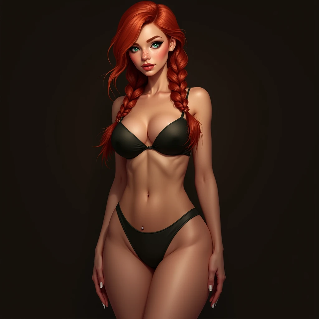 Red-haired woman with freckles on her nose. Sexy woman wearing a lingerie set for an intimate evening.
Large breasts, slim waist, bulging buttocks. She is wearing stiletto heels. Two long braids. Pierced navel and emerald green eyes. High resolution image. Realistic image Long Hair, Breasts, Long Hair,
