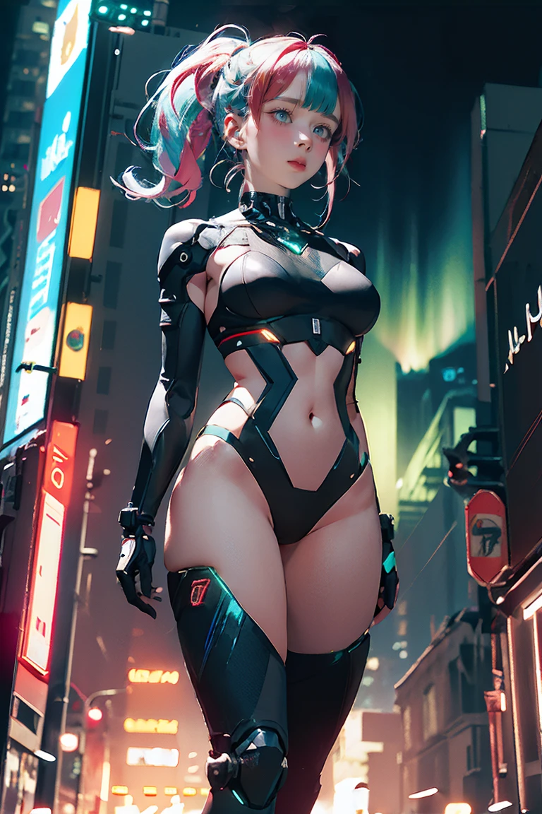 ((Highest quality)), ((masterpiece)), (detailed:1.4), (((Translucent with mechanical parts and transparent skin++Rainbow colored aurora material++、++Grey carbon material++Cyberpunk beauties))), ((Wide open chest)), Hip and thigh skin, Ticker (High Dynamic Range), Ray Tracing, NVIDIA, Super Resolution, Subsurface Scattering PBR Texturing, Post-processing, Anisotropic Filtering, Depth of written boundary, Surface Shading, Accurate simulation of light/Material interactions, Perfect Proportions, Two-tone lighting, wide aperture, Low ISO, White balance, 8k, Browsing Caution, (((Tall Woman))), 25-year-old woman, Bright LED, Knee-length, bulge, Open Stance, Hip and thigh skin, Beautiful body, The navel is visible through bare skin, Large Breasts, ((Cyber suit with glowing LEDs)), (Large Breasts: 1.0) , Dazzling cyberpunk cityscape, Skyscraper, Neon Signs, LED Light, Bright and vivid color scheme, Bright and vivid color scheme, Surprised expression, Blunt bangs, (((+++Beautiful bright iridescent hair+++ Straight Medium Ponytail))), Anatomically correct arms and fingers, seed: 256 :1>,NSFW,