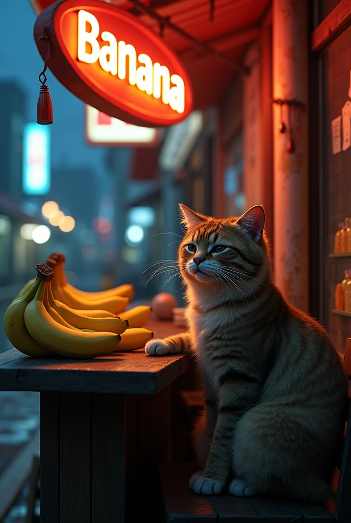 Believe me, an anthropomorphic cat sitting in a shop selling bananas, at night neon lights, low light, sad crying mood, 8k, high resolution, the cat well detailed, ultra-realistic cinematography.