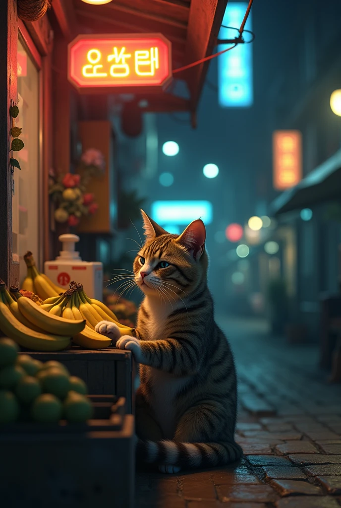 Believe me, an anthropomorphic cat sitting in a shop selling bananas, at night neon lights, low light, sad crying mood, 8k, high resolution, the cat well detailed, ultra-realistic cinematography.