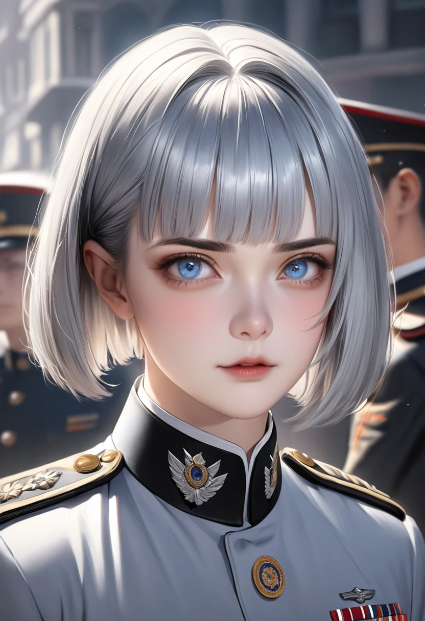 1 male　Silver trimmed blunt bob cut　Hair and eyebrows the same color as the hair　Bangs cut straight above the eyebrows　Light blue eyes　Black and white uniform　Military parade square　Realistic