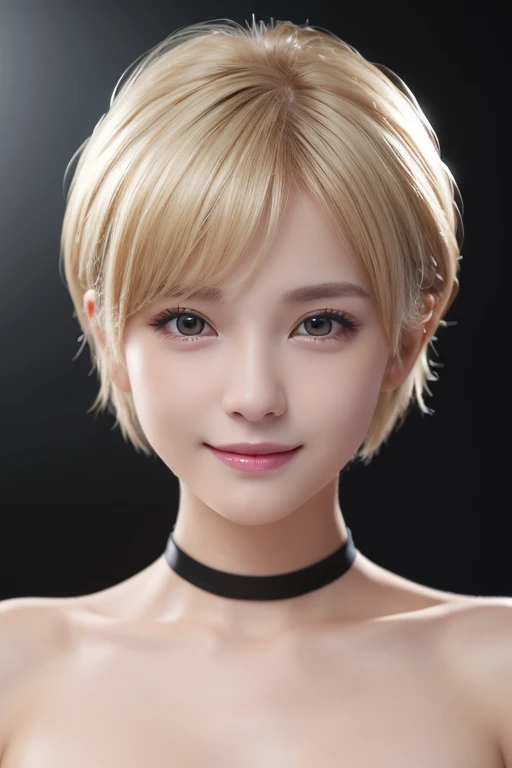 (Highest quality、4K、8k、High resolution、masterpiece:1.2)、Very detailed、(Genuine、Realistic、Realistic:1.3)、blonde、Pixie Cut、Black choker、((Completely naked))、Private room、evil grin