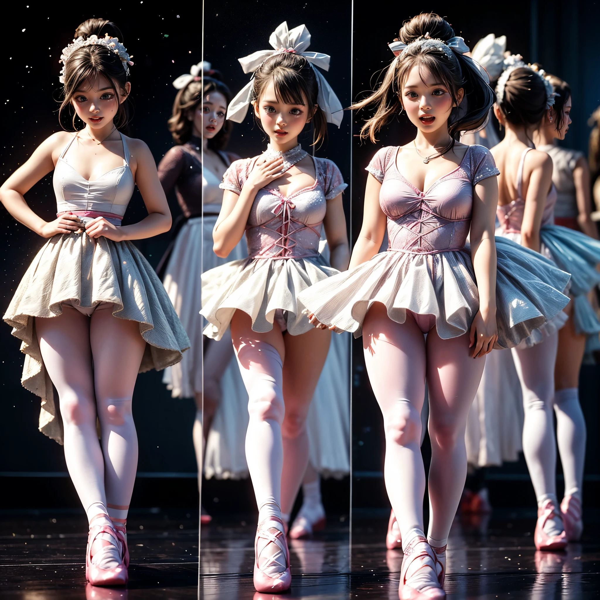 SFW, ExtremelyDetailed (((Kawaii Ballet Girls Group in a row:1.37))), Childish perfect face, Reflective Eyes, Detailed(Delicate Clothing textures), Dynamic Joyful Expressions LifeLike Rendering, (Specular Reflection:0.2), TopQuality 8K Ultra-detailed masterpiece (ProfessionalPhoto:1.37), (Acutance:0.8), (Luminism:1.28), (Light particles:0.75), (Muscle:-0.5), facing away (from side ) (Clearly visible Beautiful hip shape)